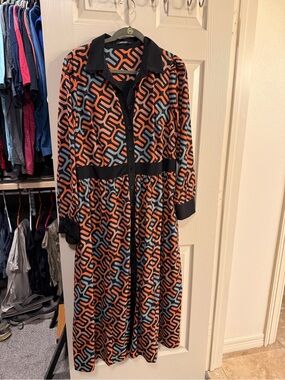eshakti Orange and Blue Geometric Button-Front Shirt Dress-size XL